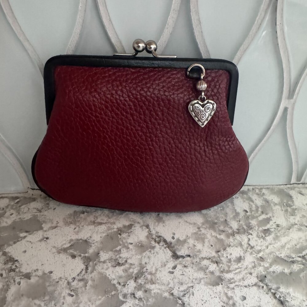 Brighton Berry Red Leather Kiss-Lock Wristlet Clutch with Heart Charm